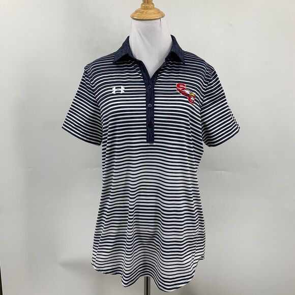 Under Armour Shirt Womens M Medium Dark Blue HeatGear Striped Performance Golf - Picture 2 of 9